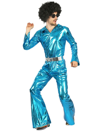 Déguisement disco pour homme bleu métallisé avec ceinture argentée