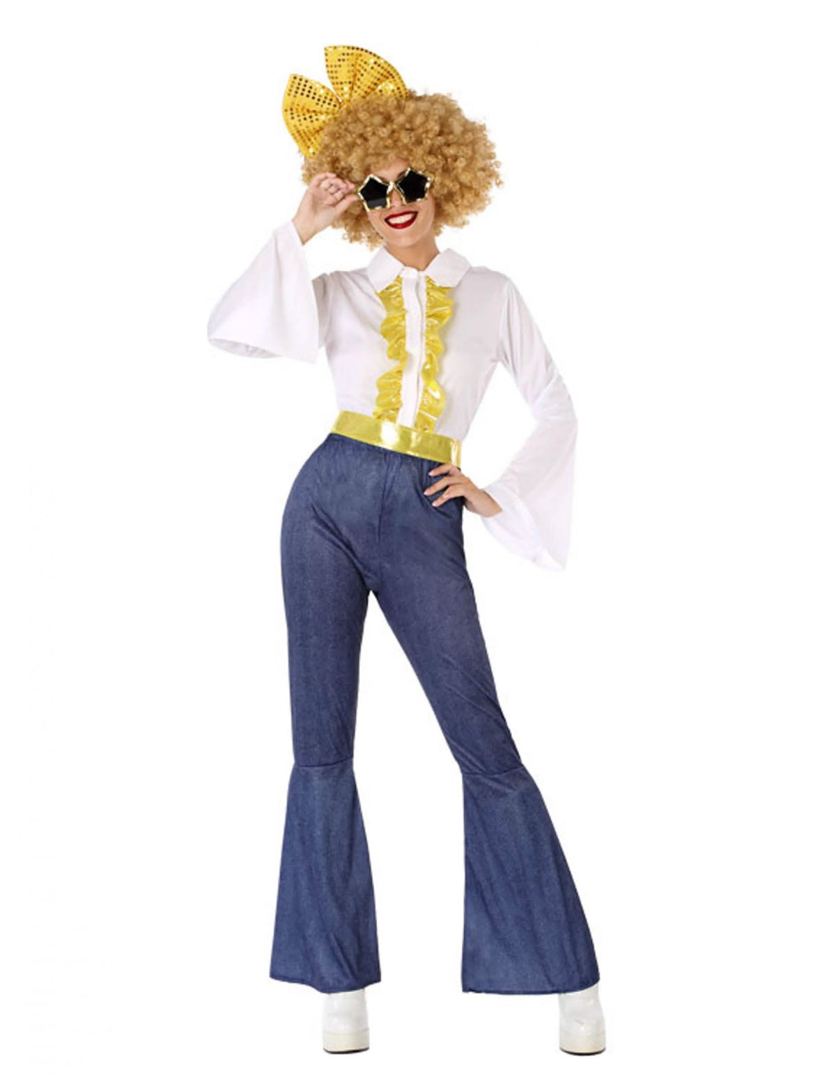 Costum disco pentru femeie cu efect de jean și auriu