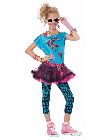 Costum disco anii 80 pentru femeie, albastru și roz, cu tutu și colanți imprimați