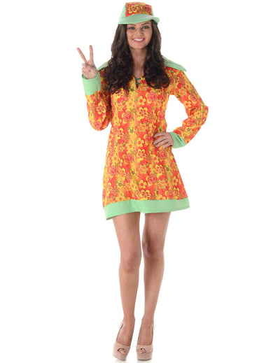 Costum disco hippie pentru femei portocaliu și galben cu motive florale și șapcă