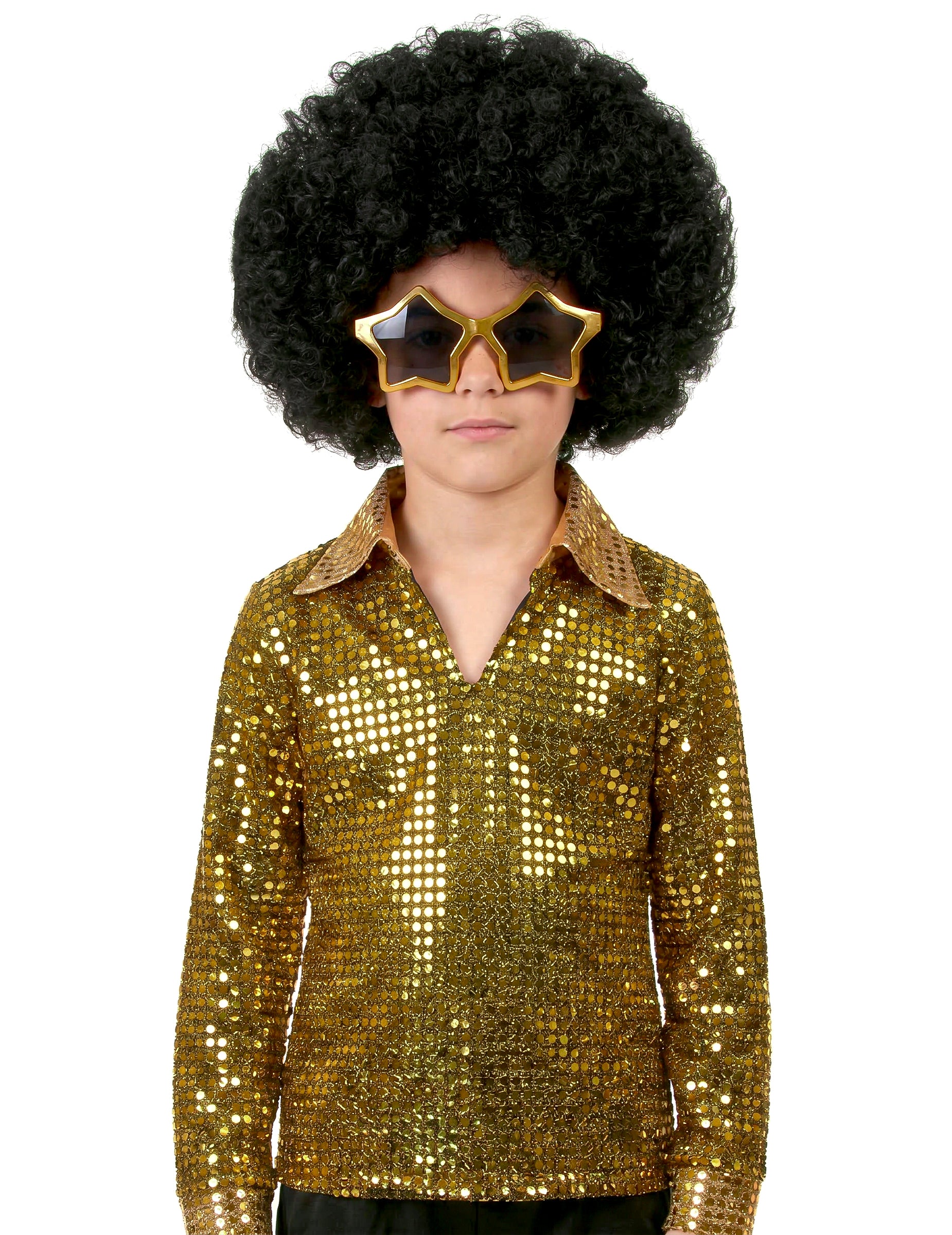 Gros plan sur la chemise à sequins et les lunettes étoile du déguisement disco pour garçon