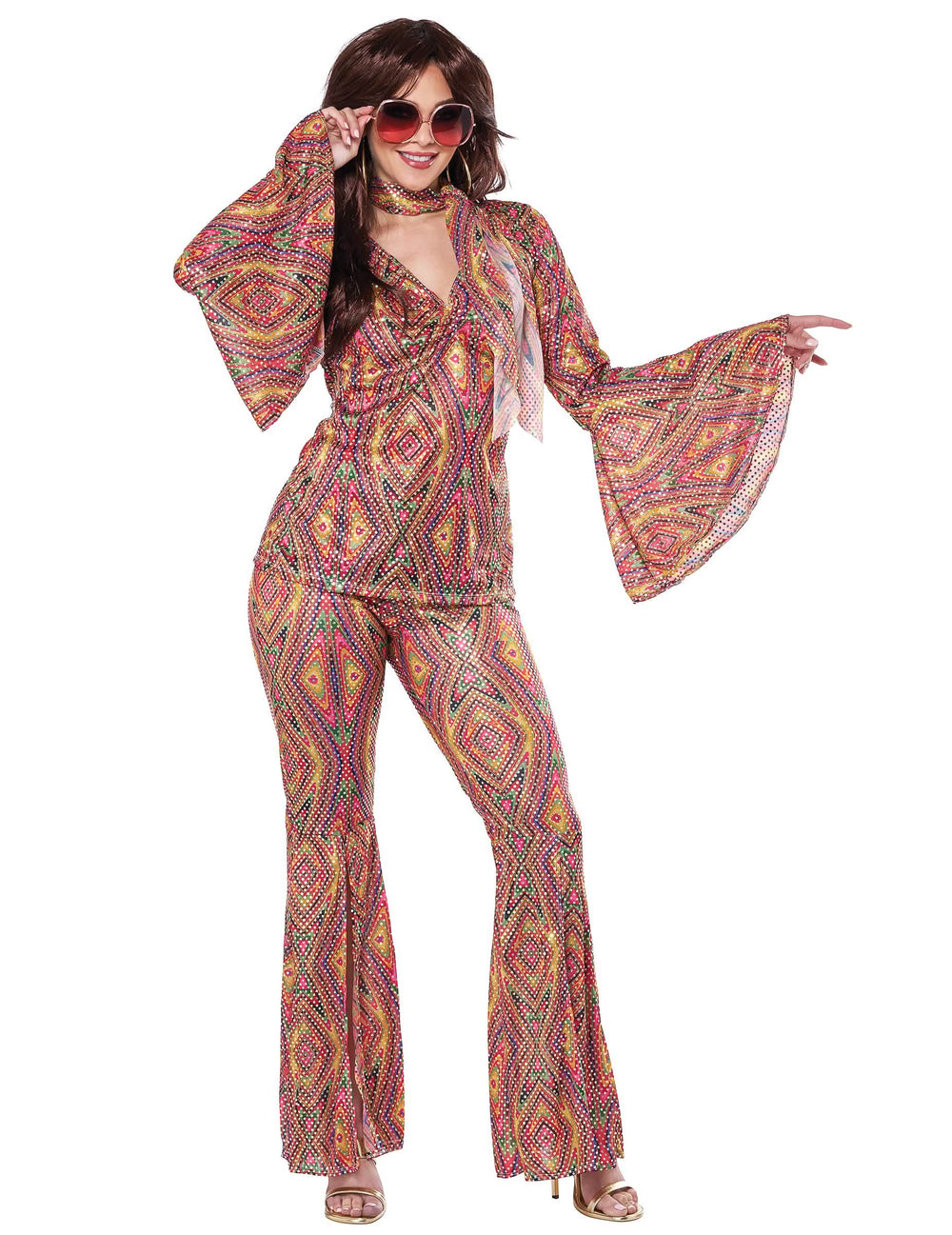 Costum disco cu paiete pentru femeie multicolor cu motive geometrice și mâneci evazate