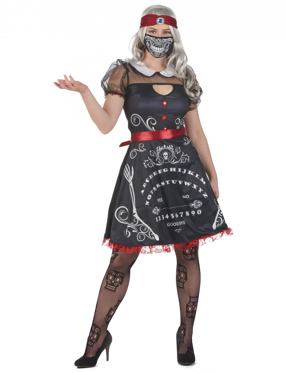 Costum de ghicitoare pentru femeie alb și negru cu motive de tablă Ouija și detalii roșii