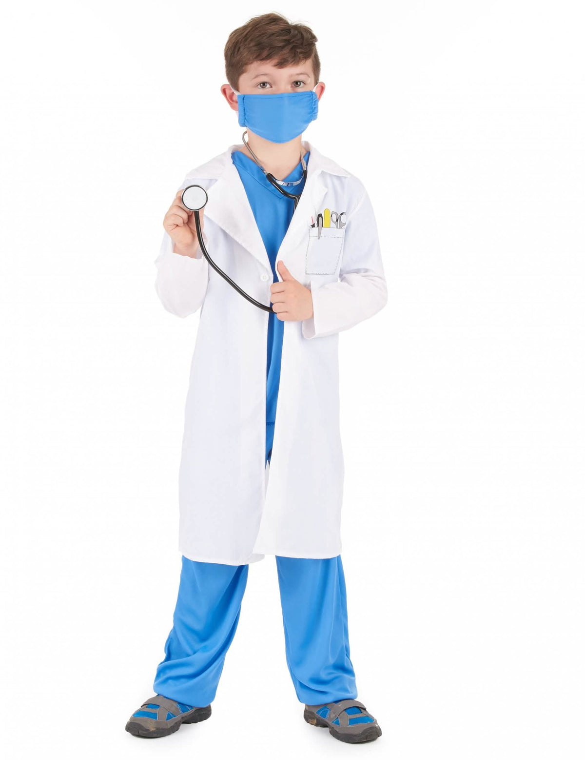 Costum de doctor pentru băiat alb și albastru cu mască și stetoscop