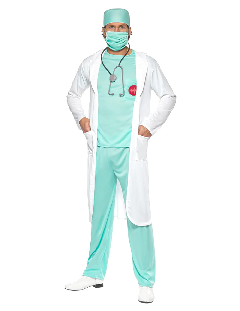 Déguisement de docteur pour homme turquoise et blanc avec blouse et stéthoscope