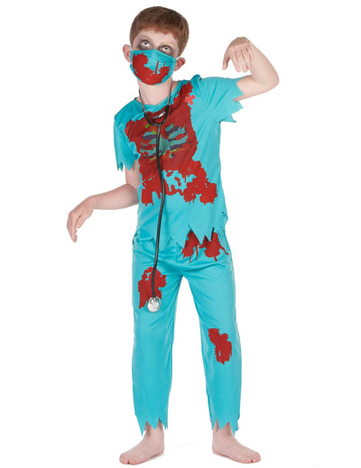 Costum de doctor zombie pentru băiat, albastru turcoaz, însângerat, cu mască și stetoscop