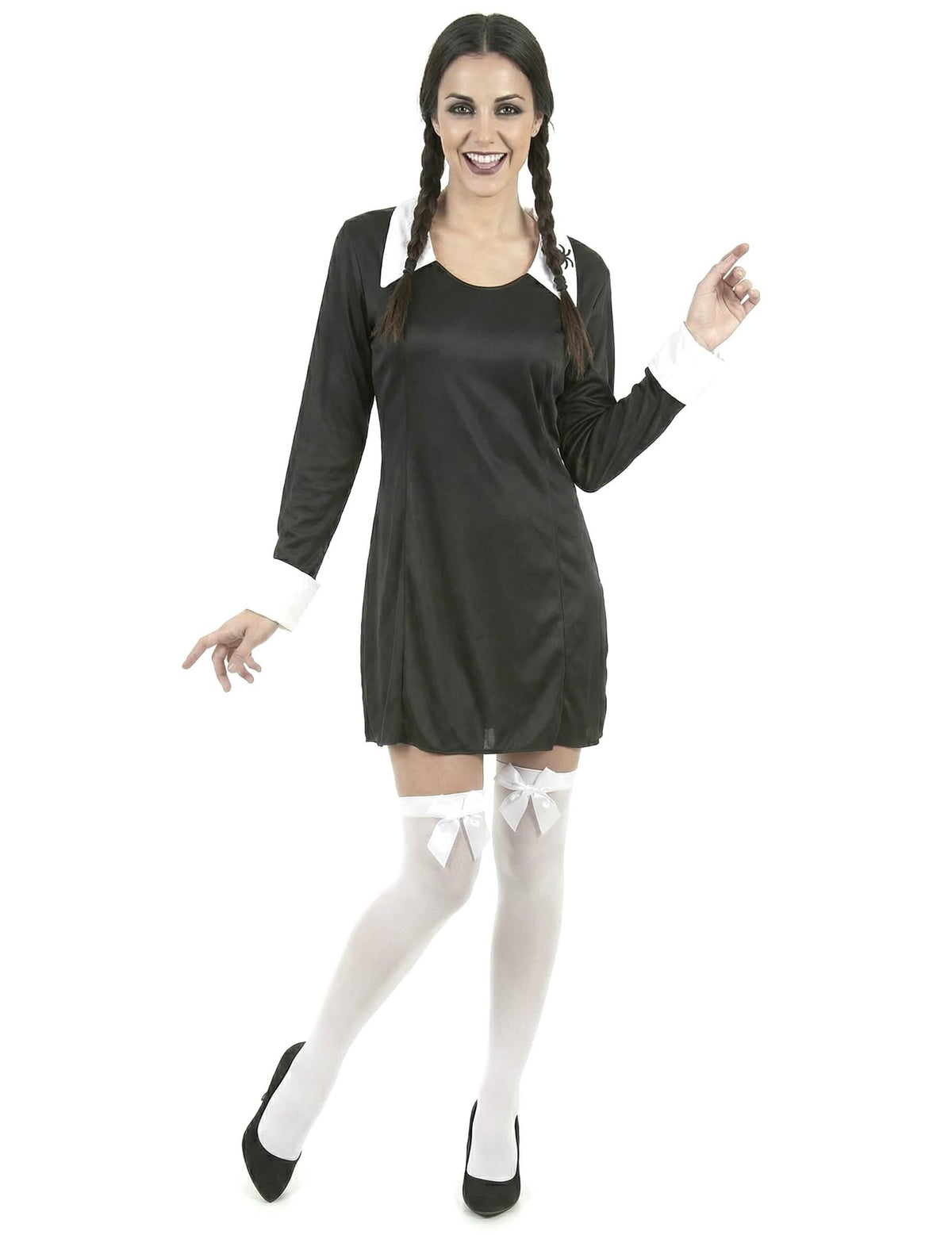 Costum de elevă de halloween pentru femeie alb și negru cu ciorapi albi cu fundițe