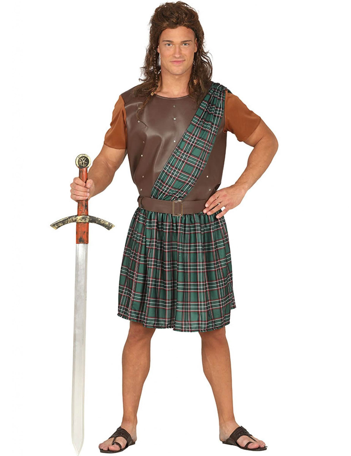 Costum scoțian pentru bărbat verde și maro cu kilt în carouri