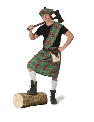 Déguisement écossais pour homme vert avec kilt et écharpe à carreaux