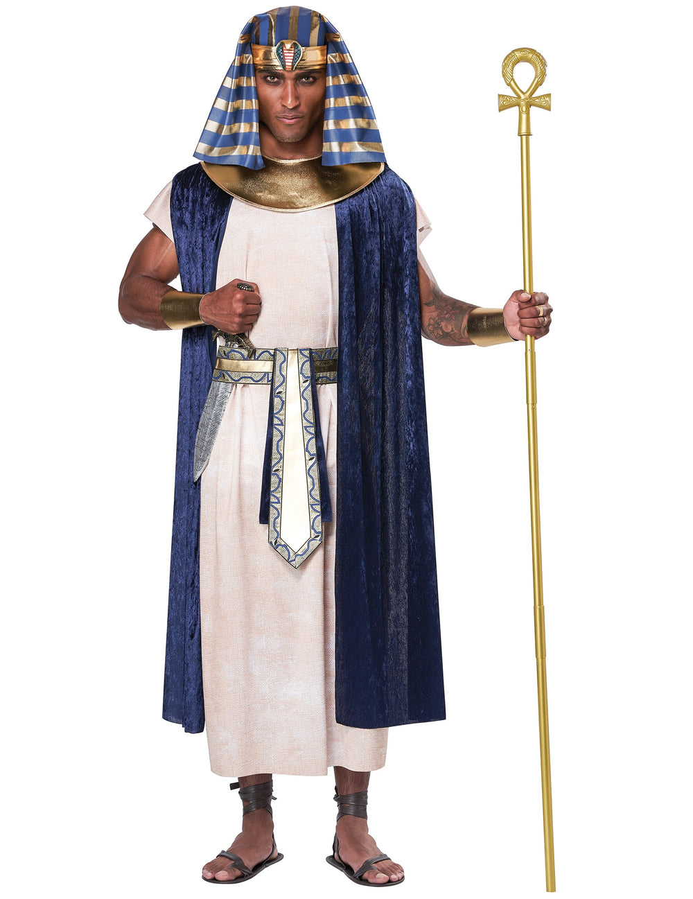 Déguisement Egyptien ancien luxe pour adulte bleu et or avec coiffe et cape