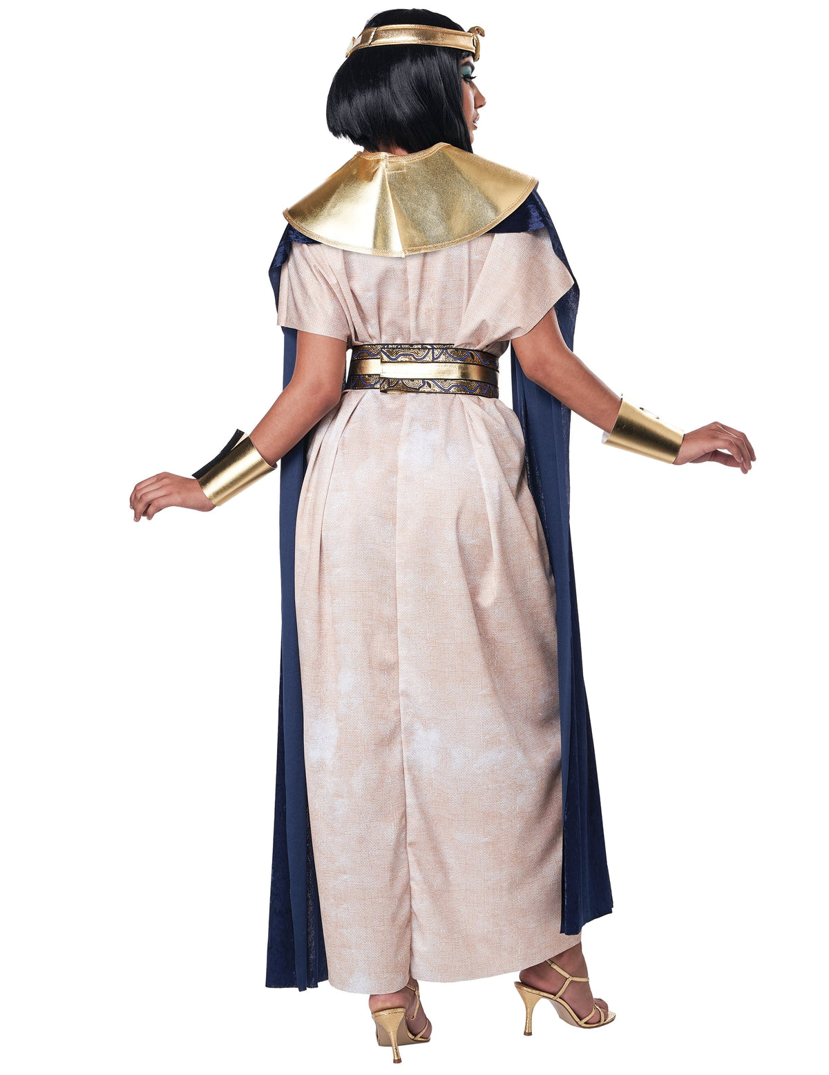 Déguisement égyptien ancien luxe pour adulte beige et or avec cape bleue vue de dos