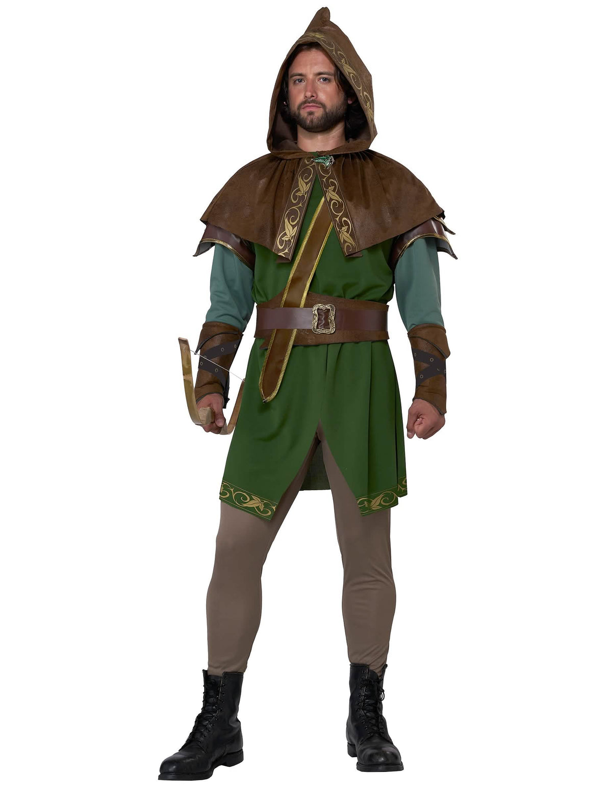 costum de elf arcaș pentru adult verde și maro cu glugă