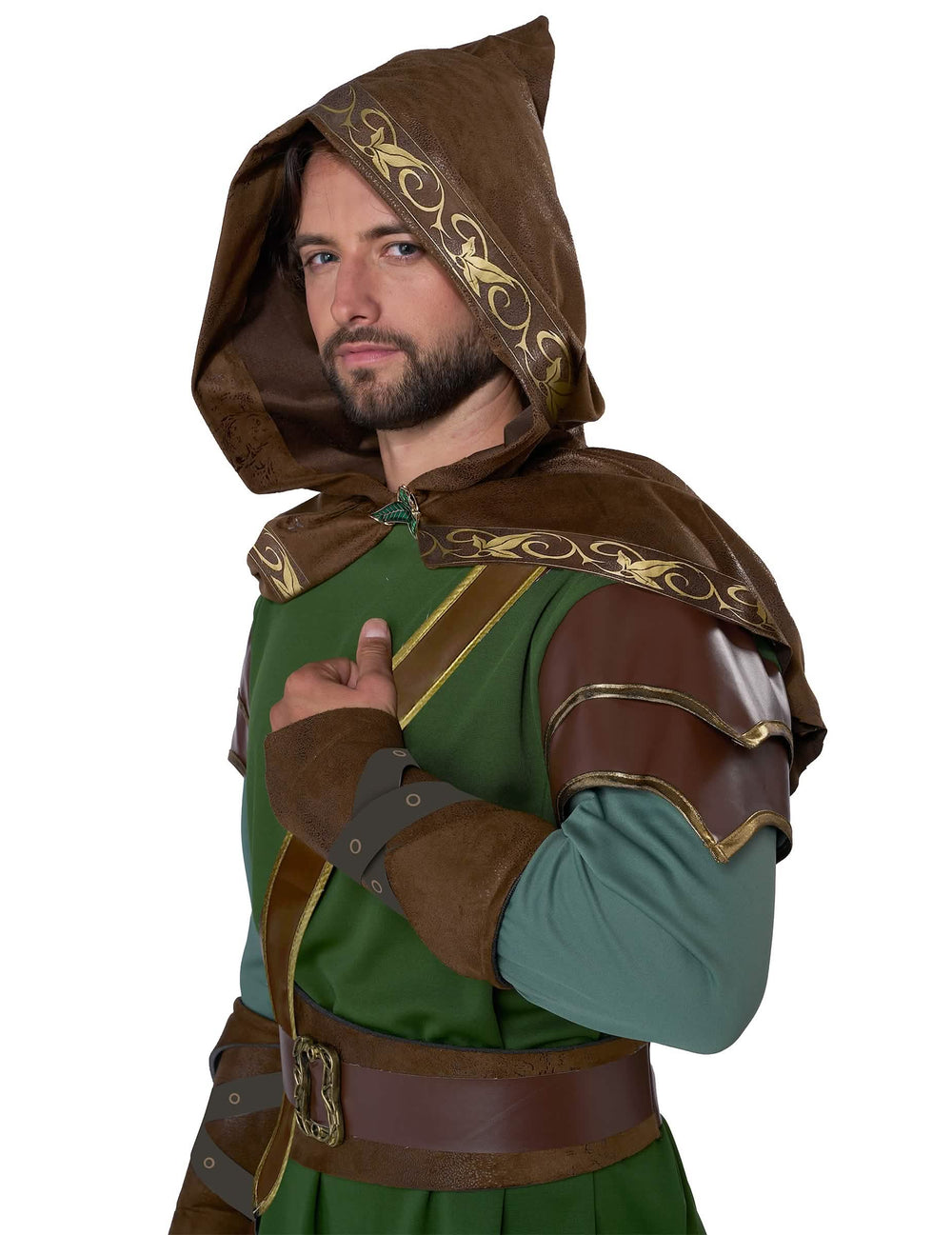 Detaliu al glugii și al epoleții costumul de elf arcaș pentru adult