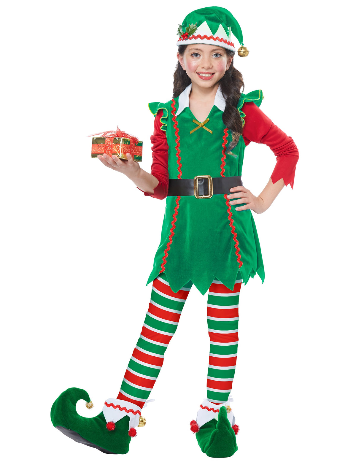 Déguisement elfe de Noël luxe pour fille vert et rouge avec bonnet et collants rayés