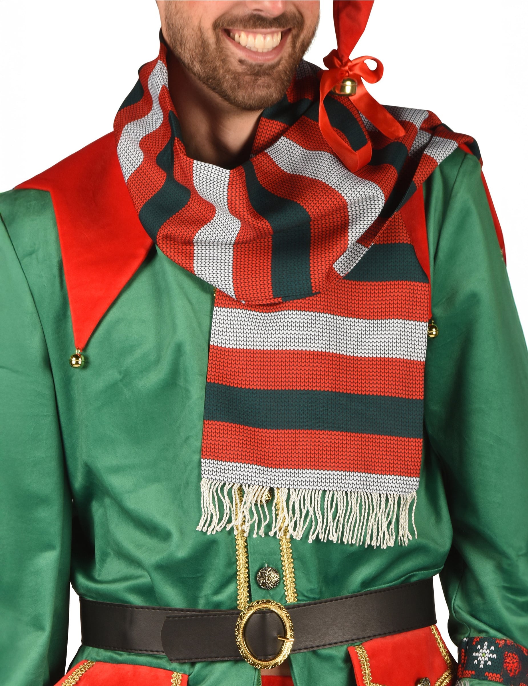 Déguisement d'elfe de Noël luxe pour homme vert et rouge avec écharpe rayée et grelots