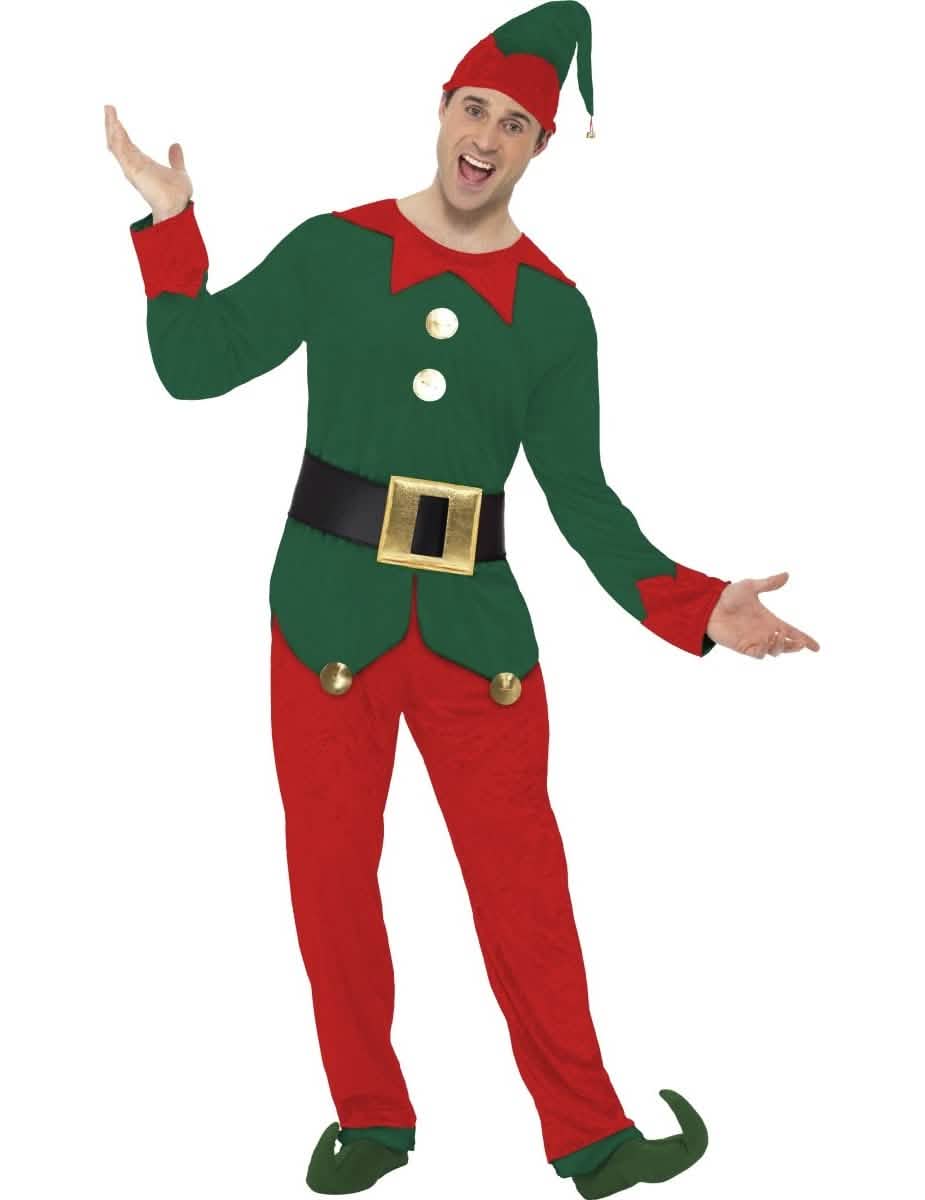 Costum de elf bicolor pentru bărbat verde și roșu de crăciun cu bonetă