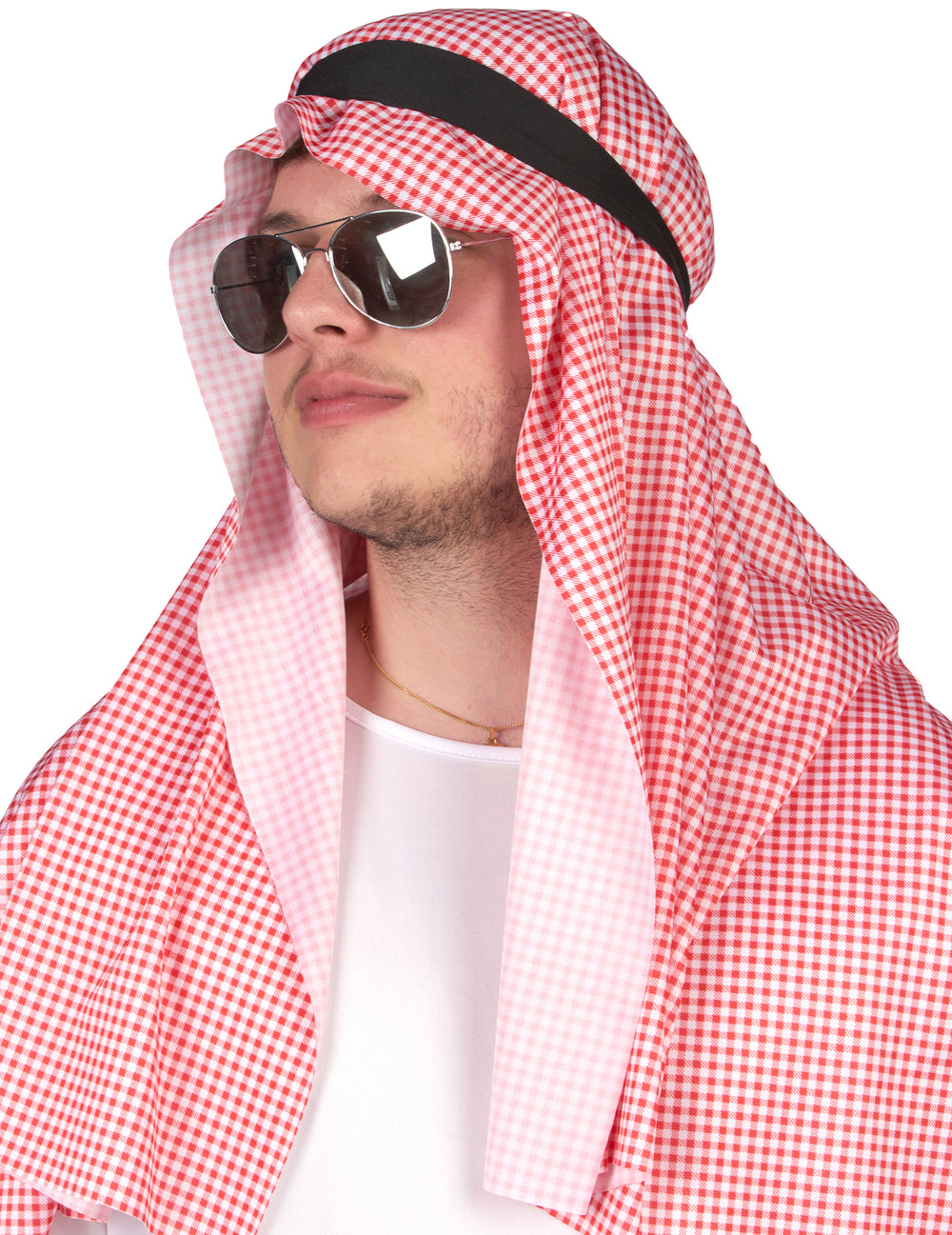 Gros plan sur la coiffe du déguisement d'émir arabe