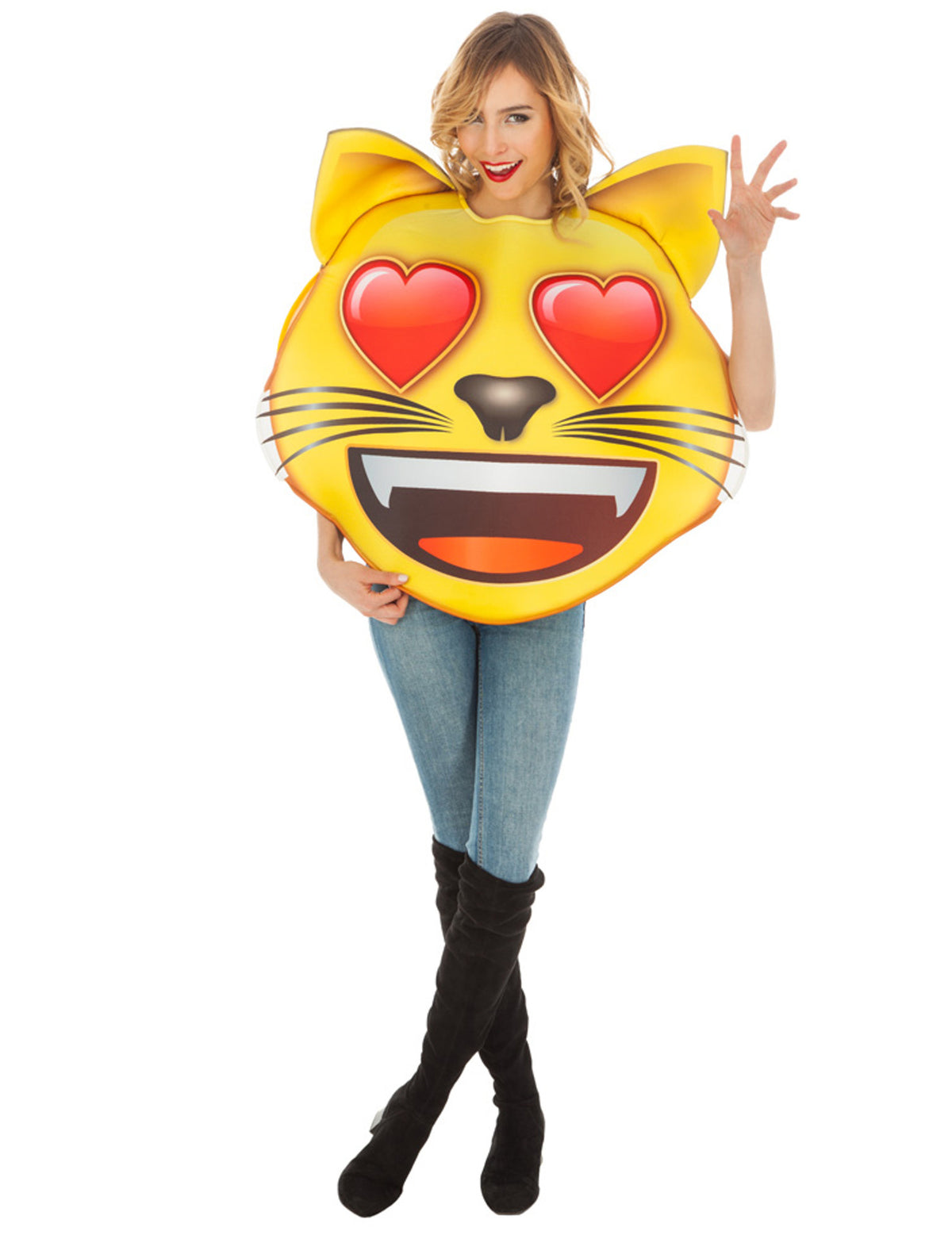 Déguisement Emoji Chat coeur pour adulte jaune avec yeux en forme de coeur rouge