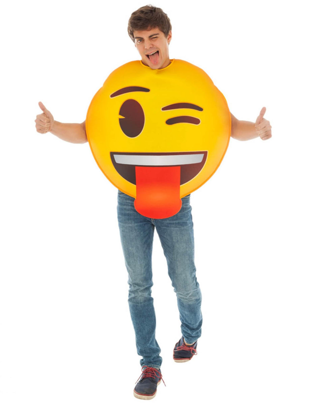 Déguisement Emoji clin d'oeil pentru adult galben cu limbă scoasă