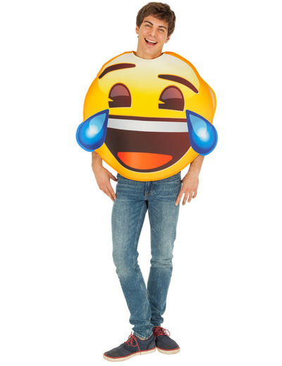 Costum deghizare Emoji râs în hohote pentru adult, galben cu lacrimi albastre