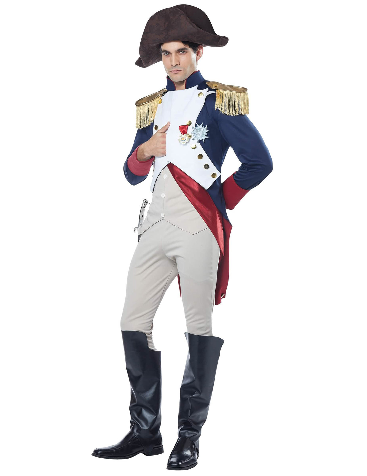Costum de împărat francez Napoleon lux pentru bărbat albastru alb și roșu cu bicorn și epoleți aurii