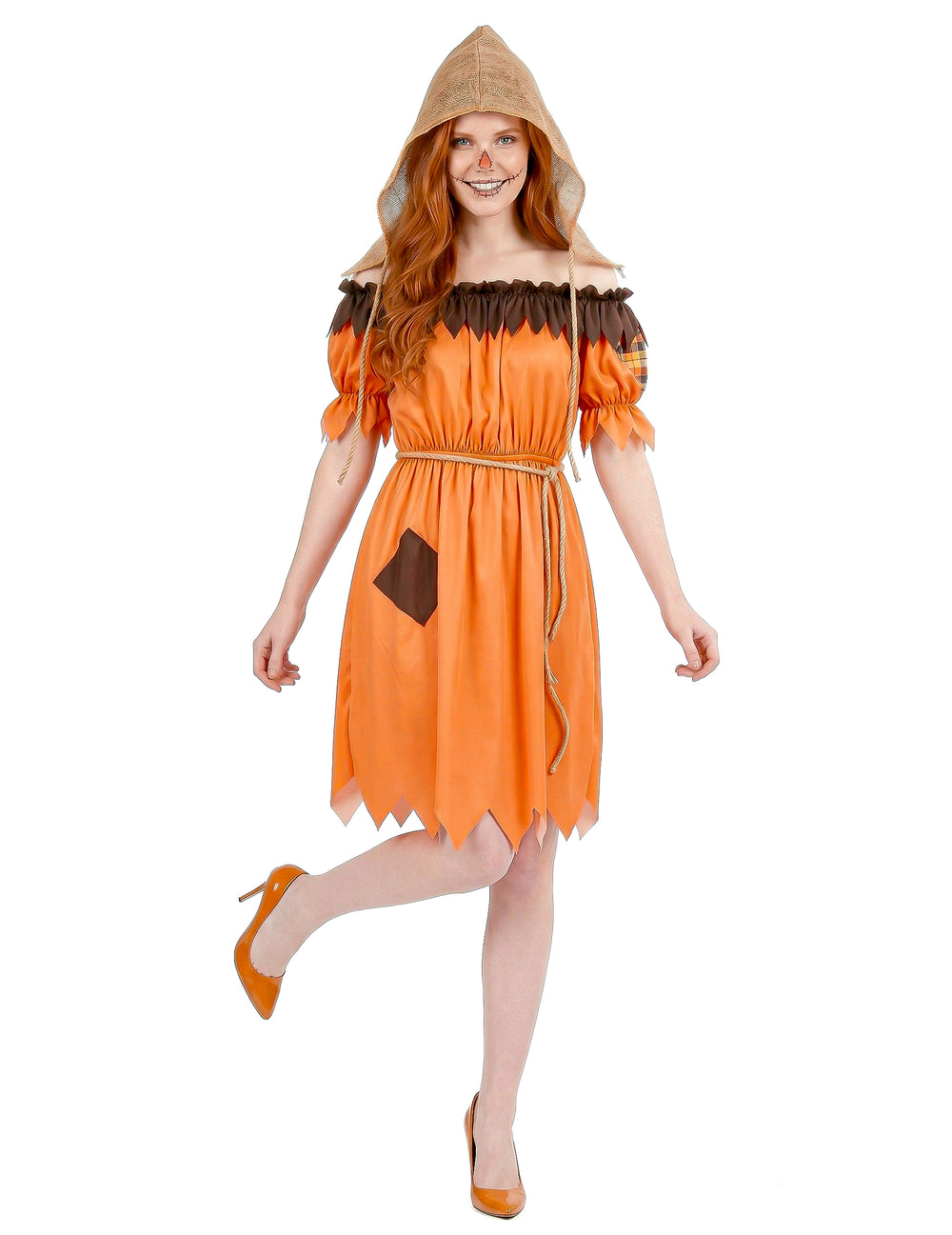 Déguisement d'épouvantail pour femme orange avec capuche style toile de jute