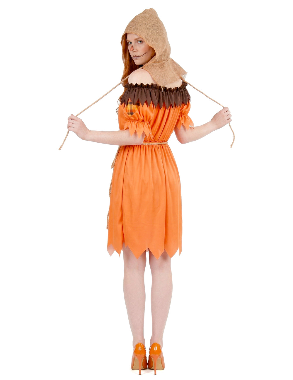 Vue de dos du déguisement d'épouvantail pour femme orange