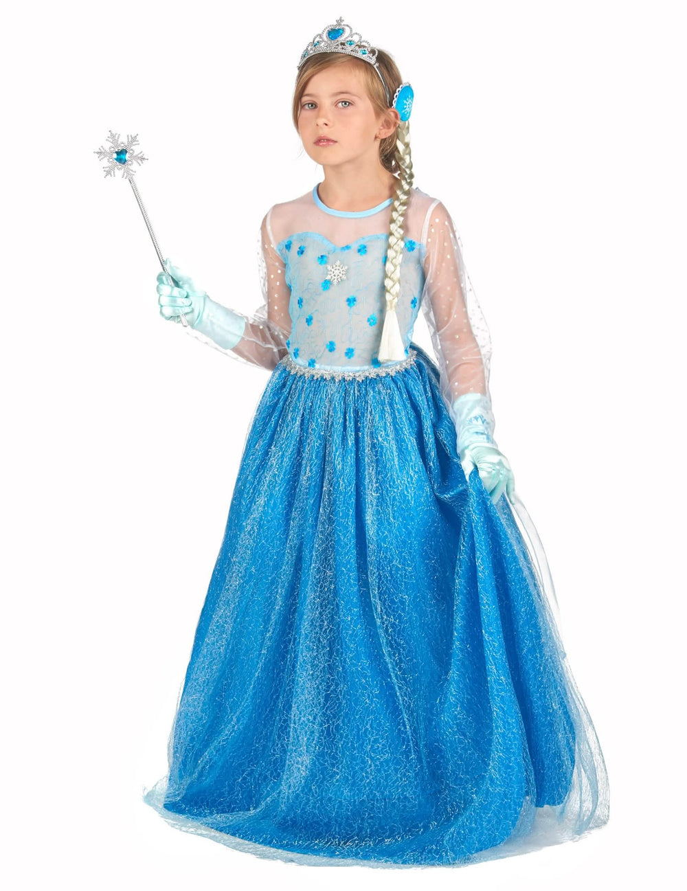 Costum și accesorii de prințesă a gheții pentru fată albastru cu diademă și baghetă