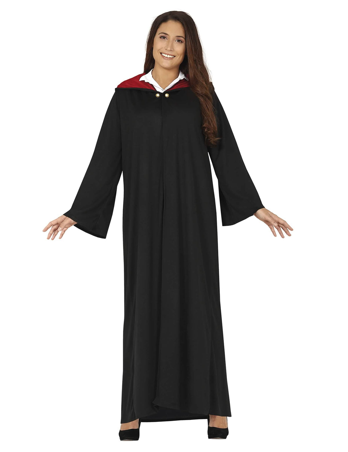Costum de studentă vrăjitoare pentru femeie negru cu glugă bordo și nasturi aurii