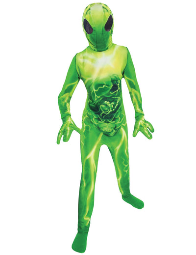 Costum de extraterestru pentru copii, verde, cu modele anatomice