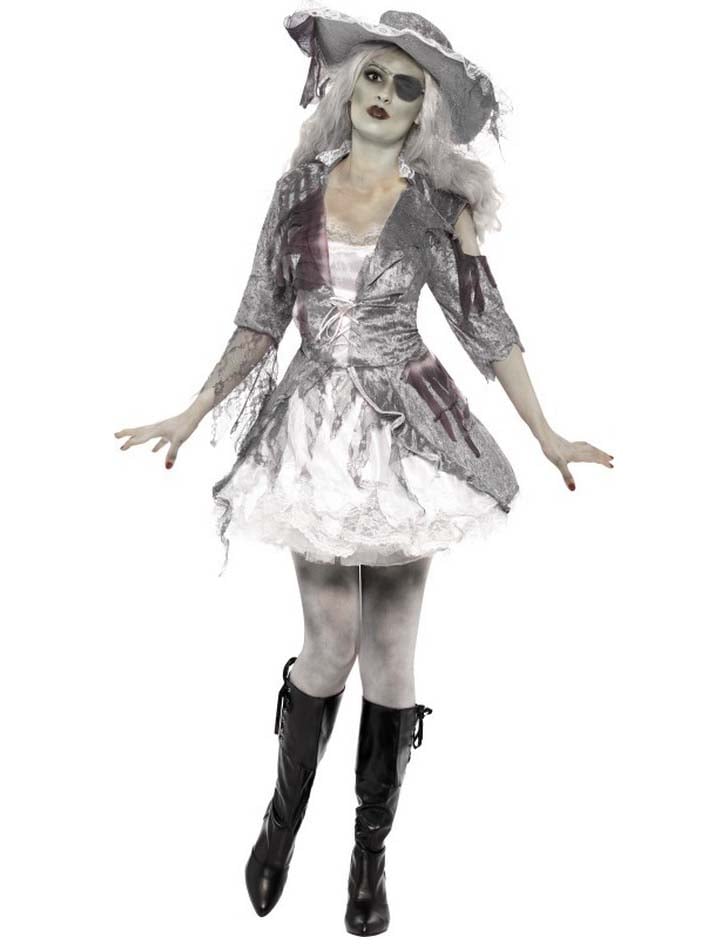 Déguisement de pirate fantôme pour femme gris et blanc effet satiné avec chapeau