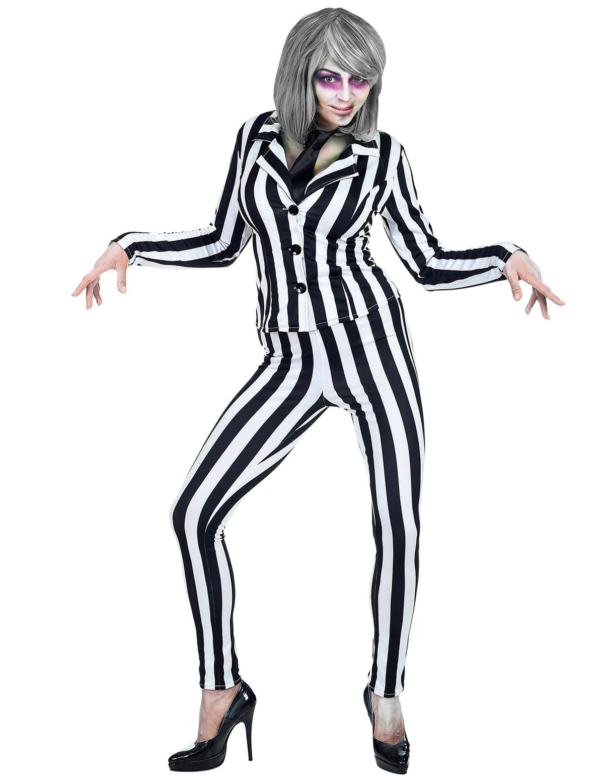 Costum de fantomă sordidă cu dungi pentru femeie alb și negru cu cravată
