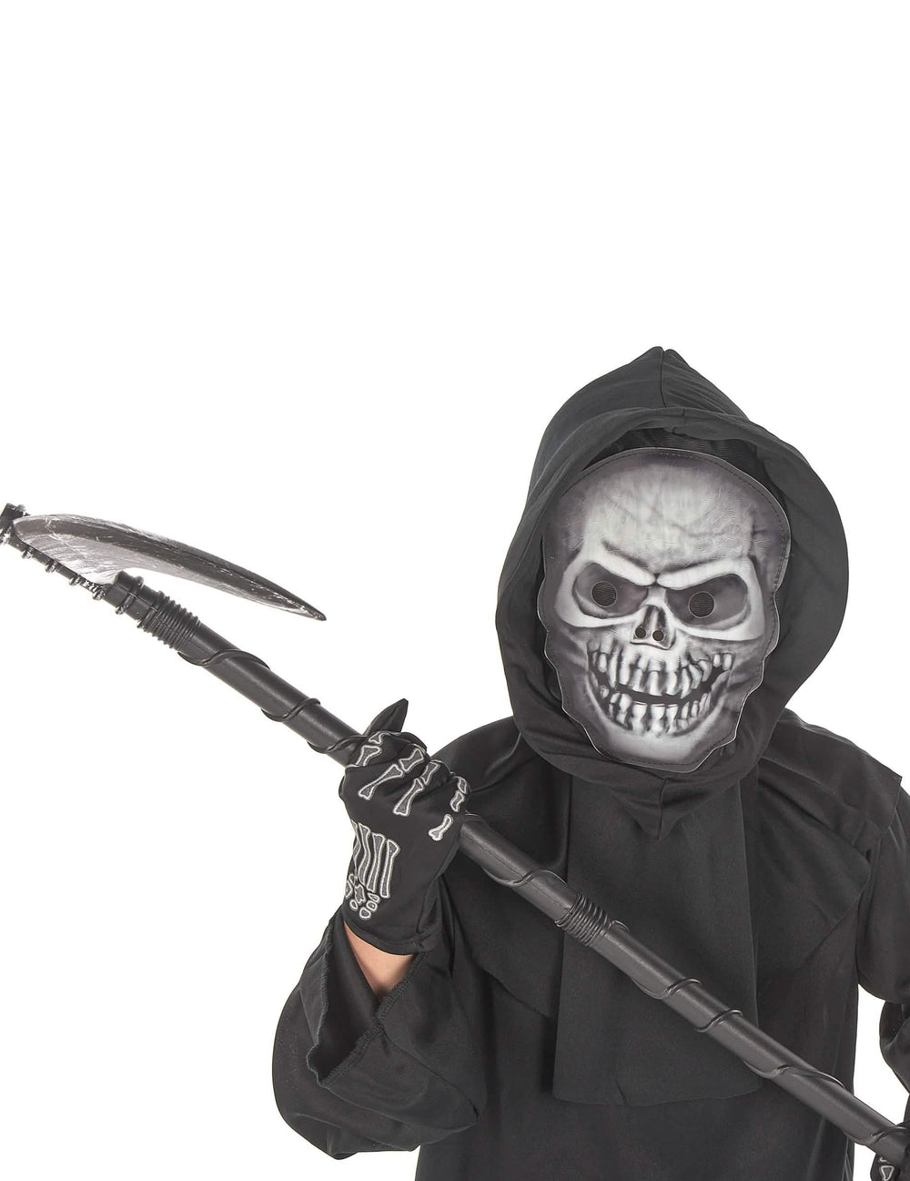 Costum de secerător sinistru pentru copil negru cu mască de schelet și seceră