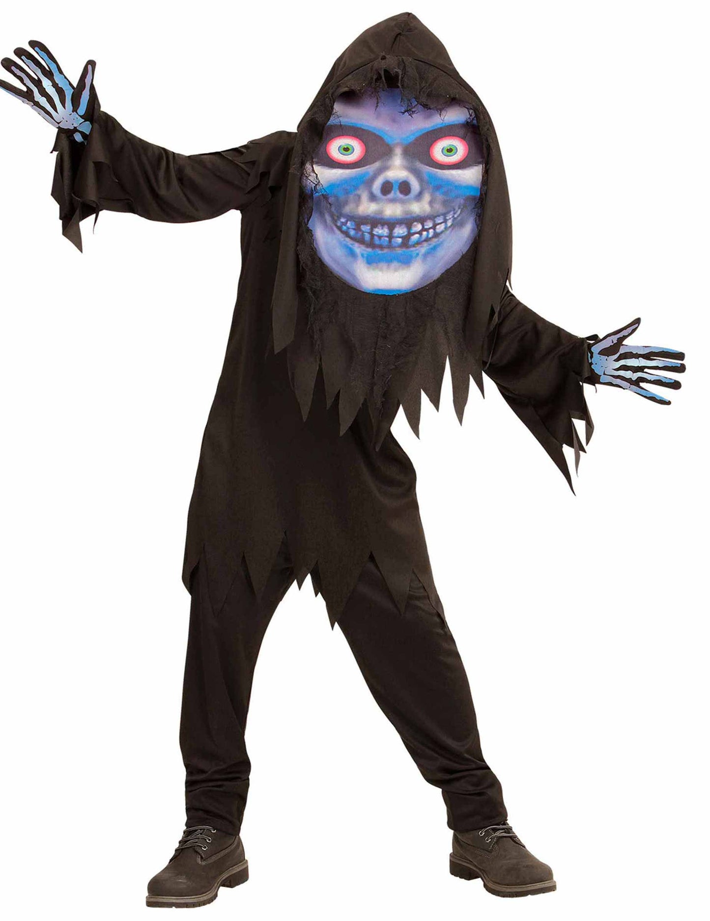 Déguisement faucheuse grosse tête pour adolescent noir avec masque bleu et gants squelette