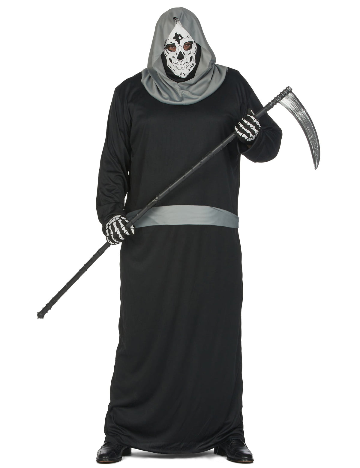 Déguisement de faucheuse terrifiante pour homme noir et gris avec masque de crâne et faux