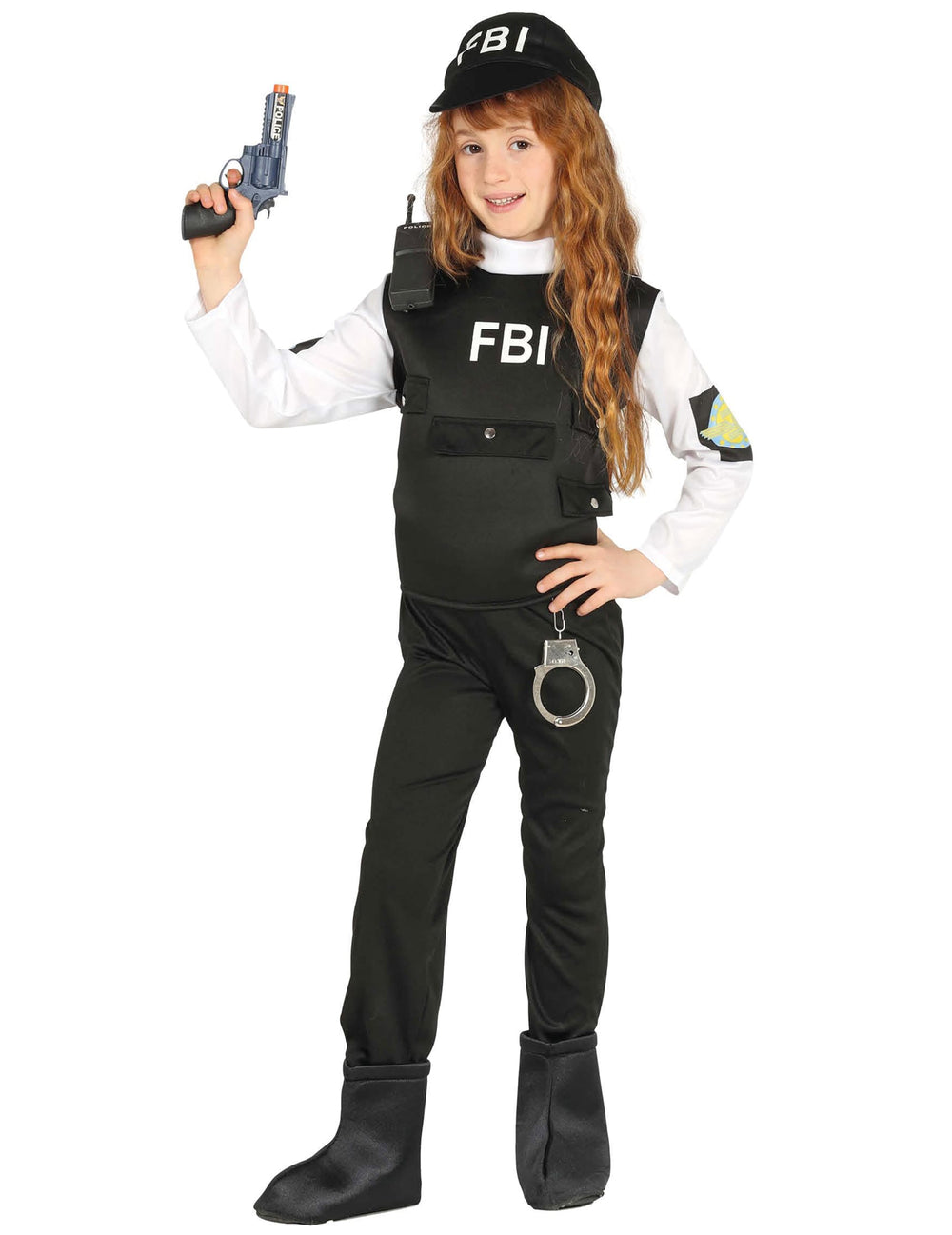 Vue d'ensemble avec accessoires du déguisement FBI pour enfant