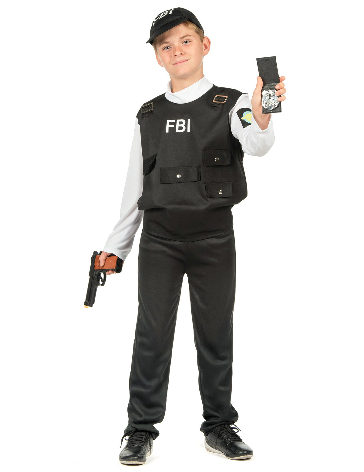 Vue de face avec badge et pistolet du déguisement FBI pour enfant