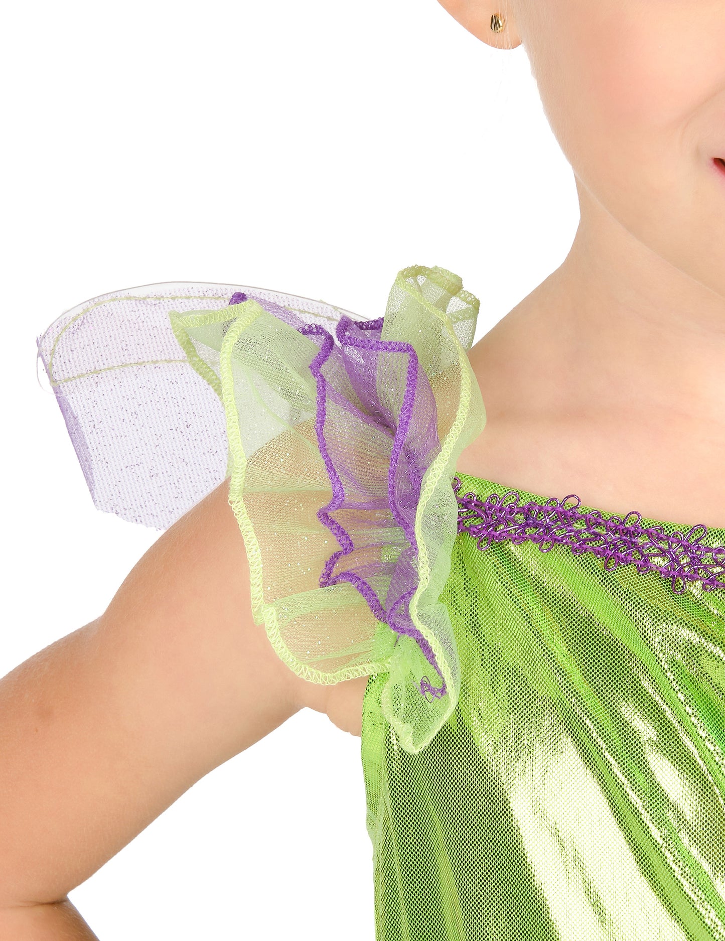Détail du volant d'épaule vert et violet du déguisement Fée Clochette™ classique