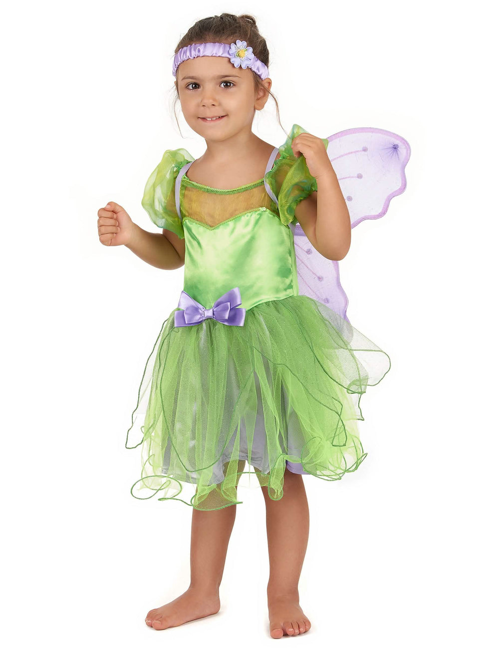 Costum de zână verde cu paiete pentru fată verde și mov cu aripi și bentiță