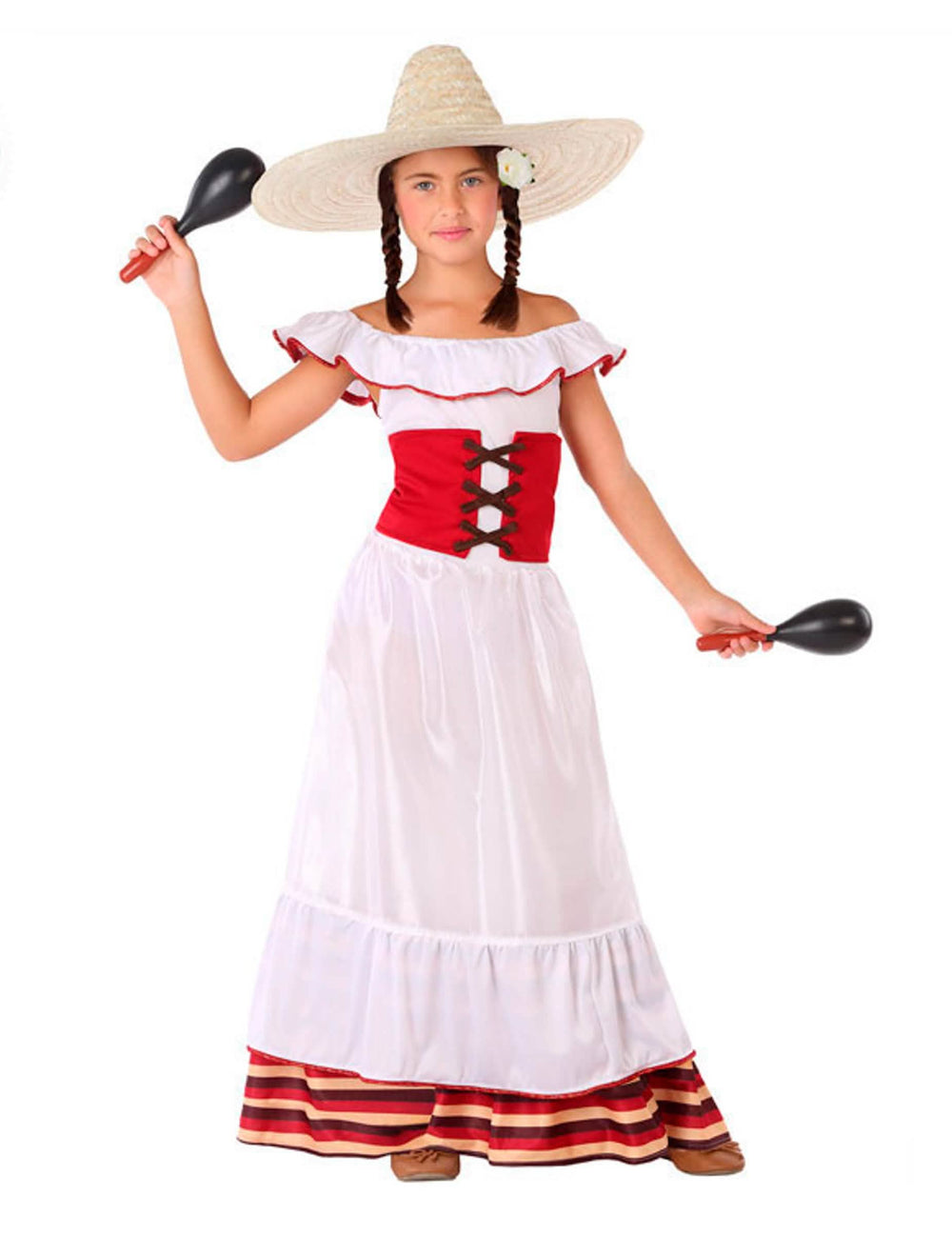 Costum de mexicană pentru fată alb și roșu cu sombrero