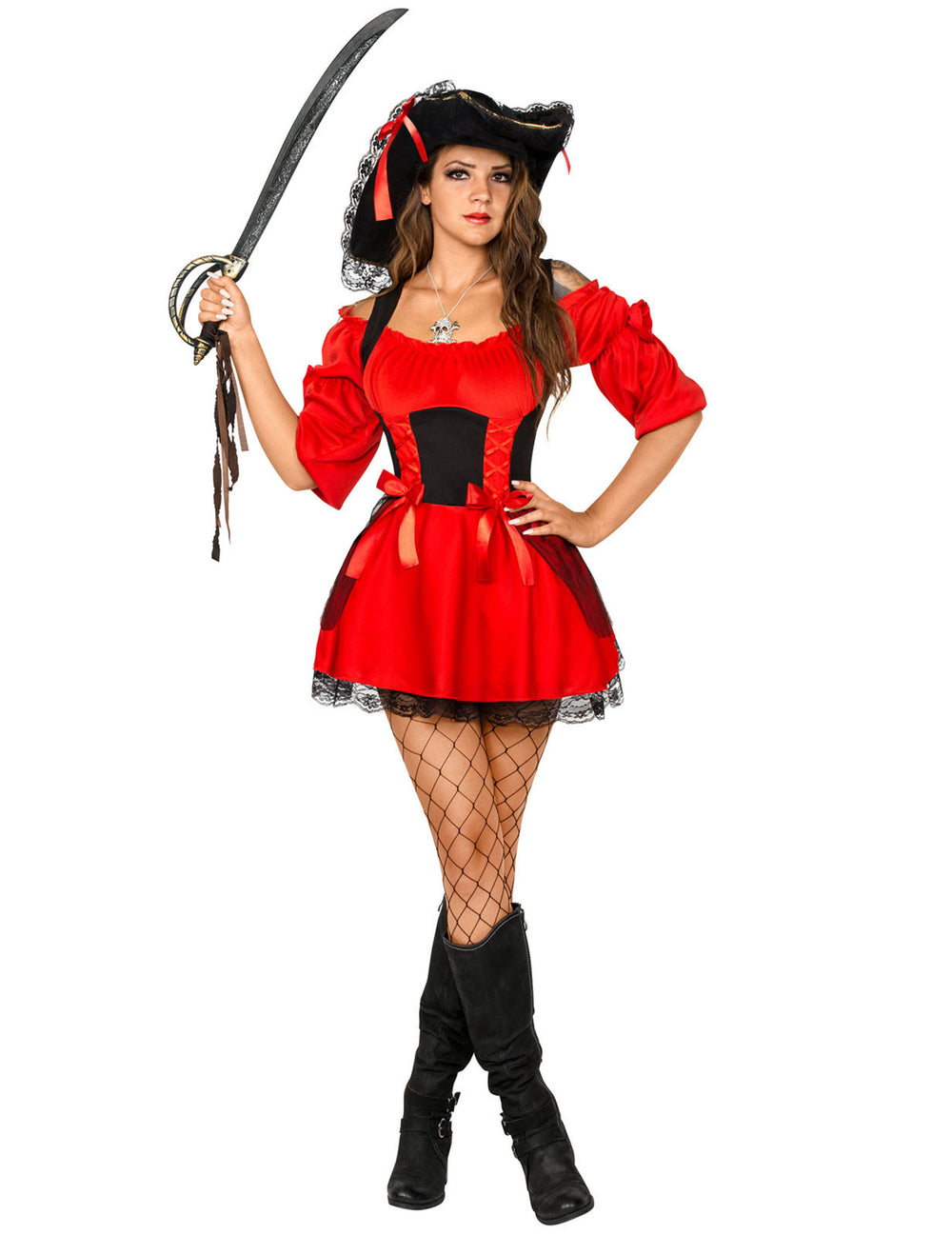 Déguisement pirate sexy pour femme rouge et noir avec chapeau