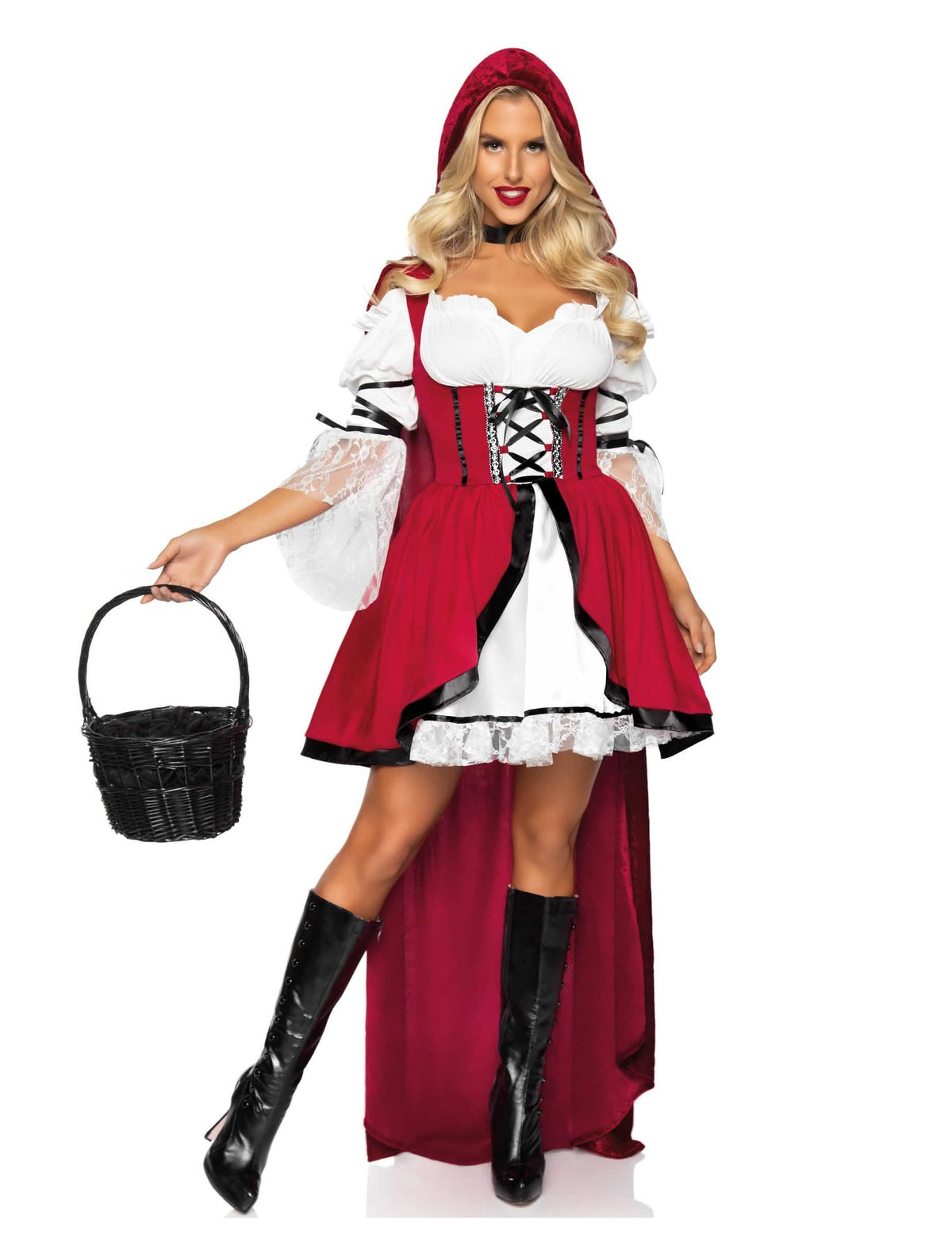 Costum de fată din pădure sexy pentru femeie roșu și alb cu pelerină cu glugă