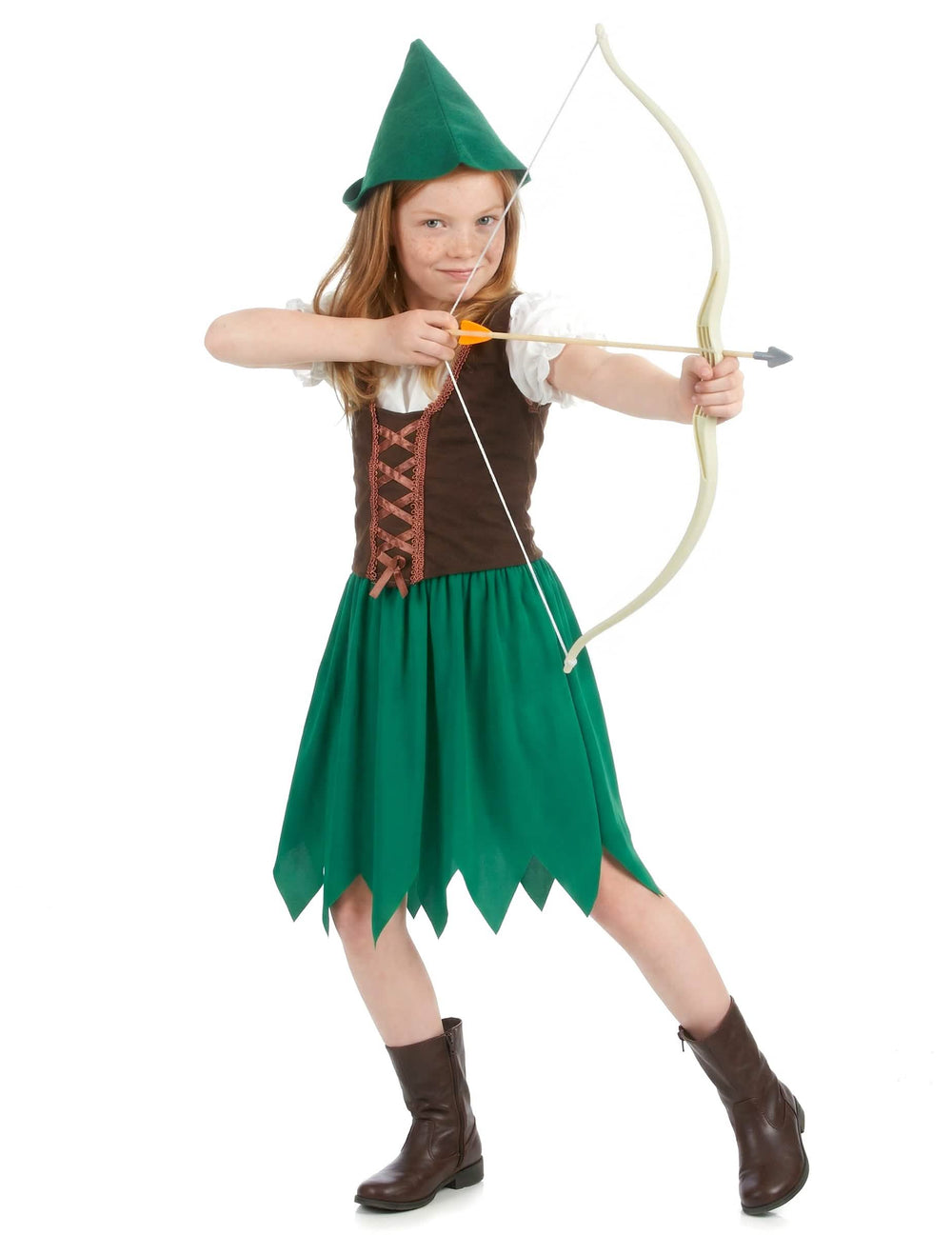 Costum de fată a pădurii pentru fată verde și maro cu pălărie ascuțită
