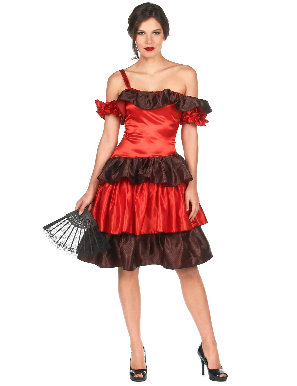 Costum flamenco pentru femeie roșu și negru cu volane