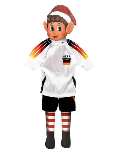 Costum de fotbalist echipa germania pentru păpușă spiriduș ștrengar alb și negru cu steag