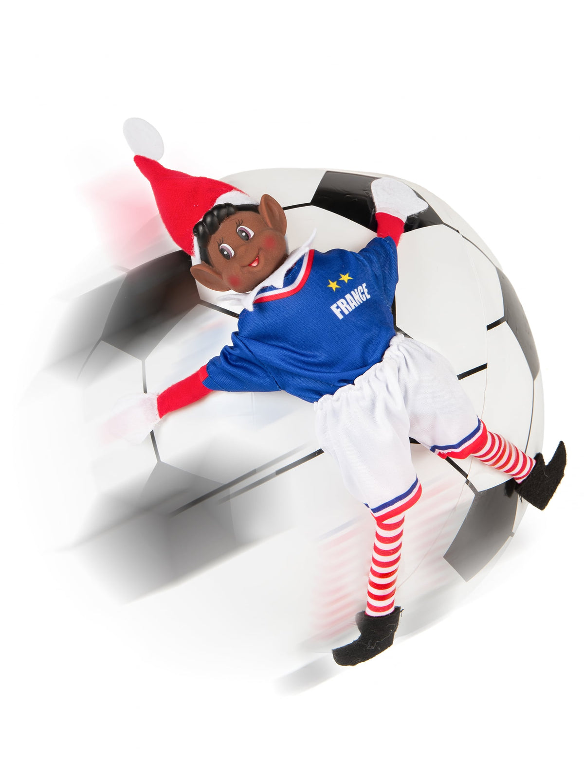 Mise en scène sur un ballon de football du déguisement footballeur équipe de France pour poupée lutin farceur