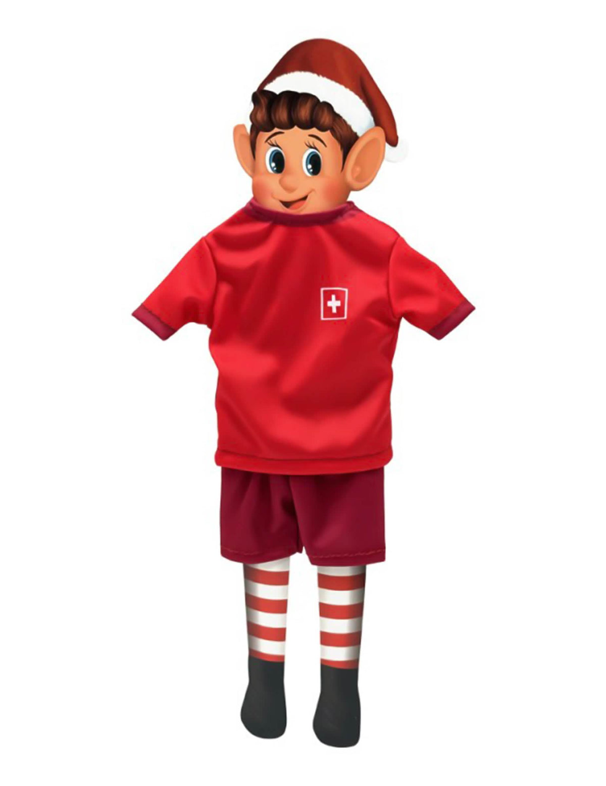 Costum de fotbalist echipa Elveția pentru păpușă spiriduș ștrengar roșu cu cruce albă