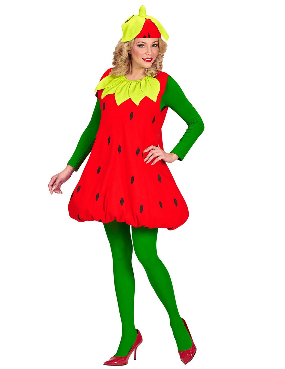 Costum de căpșună pentru adult roșu și verde cu pălărie