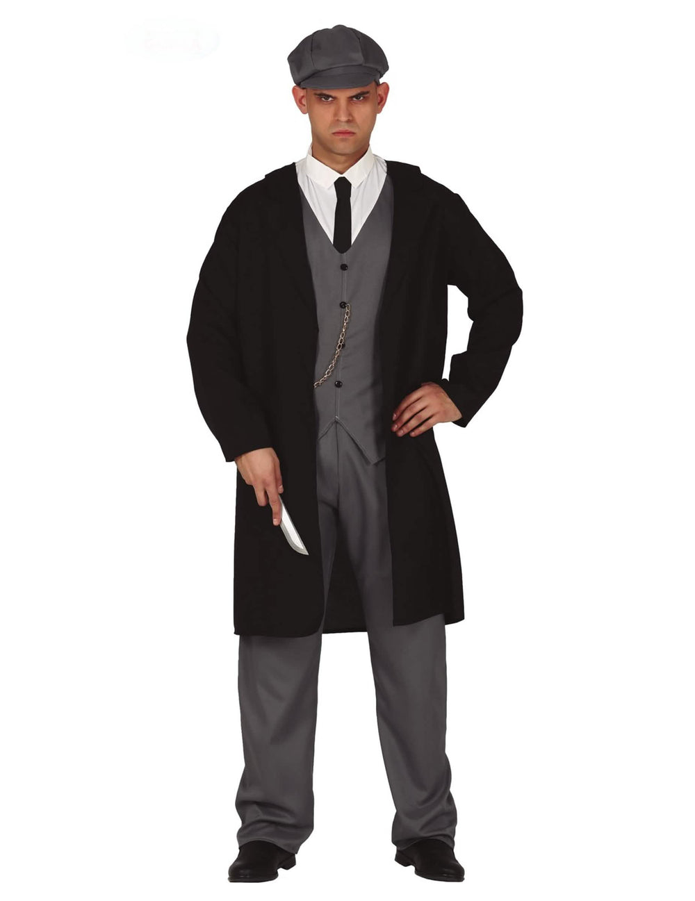 Costum de gangster englez pentru bărbat negru și gri cu șapcă