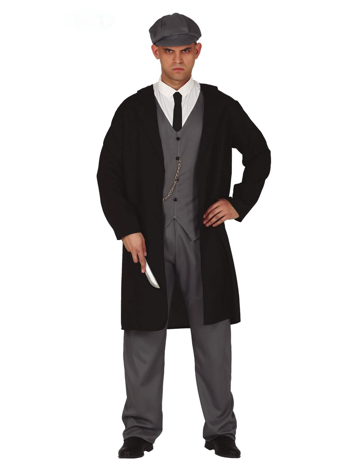 Costum de gangster englez pentru bărbat negru și gri cu șapcă